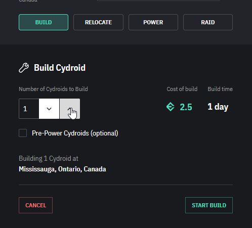 Cyrdoids Build screen